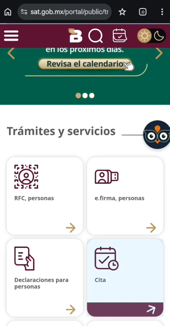 Portal sat.gob.mx en un celular, sección Trámites y servicios con la tarjeta Cita resaltada