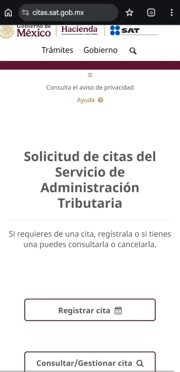 Página Solicitud de citas del Servicio de Administración Tributaria con los botones Registrar cita y Consultar/Gestionar cita