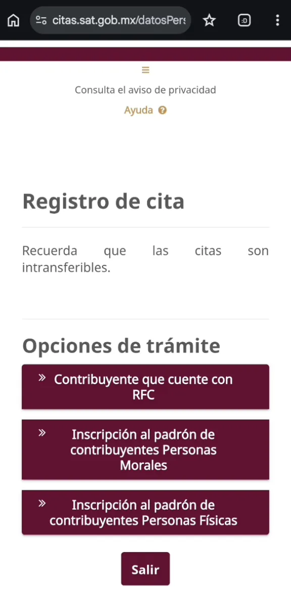 Pantalla Registro de cita con tres opciones de trámite: Contribuyente que cuente con RFC, Inscripción Personas Morales e Inscripción Personas Físicas