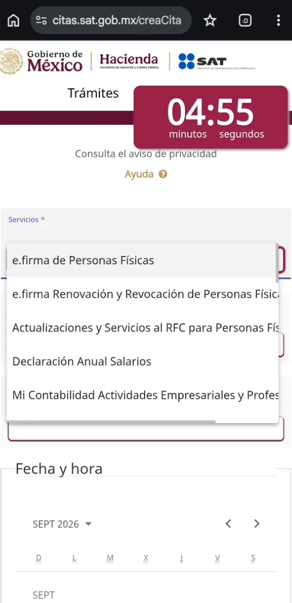 Menú Servicios abierto con opciones como e.firma de Personas Físicas, Actualizaciones y Servicios al RFC y Declaración Anual Salarios, con el reloj en 04:55