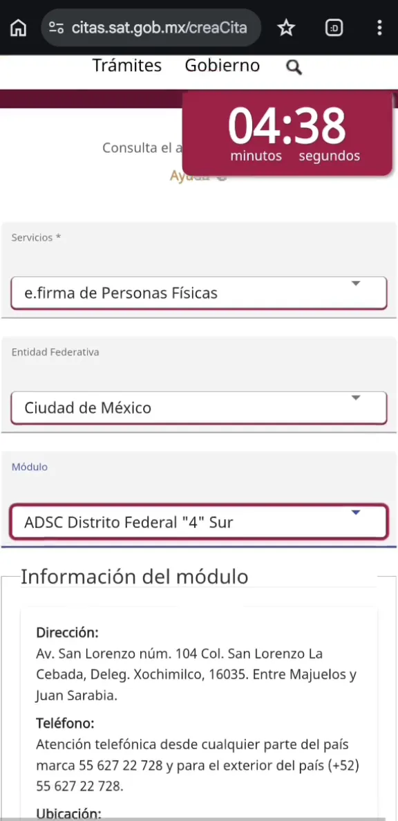 Servicio e.firma de Personas Físicas, entidad Ciudad de México y módulo ADSC Distrito Federal 4 Sur seleccionados, con la dirección del módulo