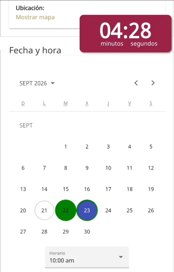 Calendario de septiembre de 2026 con los días 22 en verde y 23 seleccionado en azul, y horario de las 10:00 am