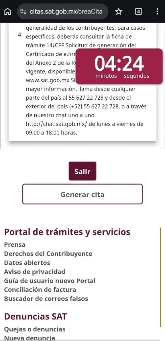 Tabla de requisitos del trámite con los botones Salir y Generar cita
