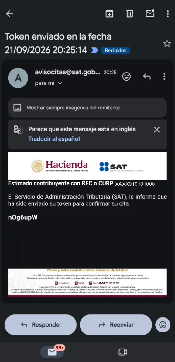 Correo del SAT en Gmail con asunto Token enviado en la fecha, RFC de ejemplo y el token de seguridad