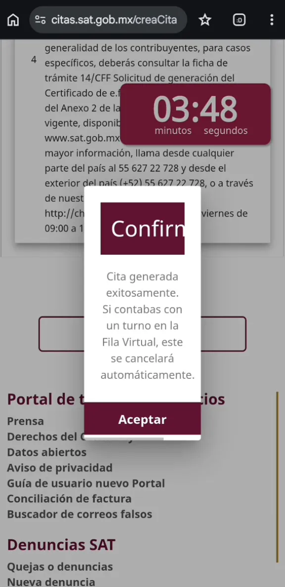Ventana de confirmación con el mensaje Cita generada exitosamente y el botón Aceptar