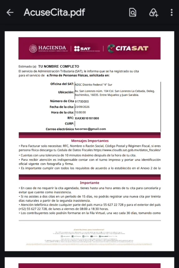 Acuse de cita en PDF con oficina del SAT, ubicación, número de cita, fecha, hora, RFC y correo de ejemplo
